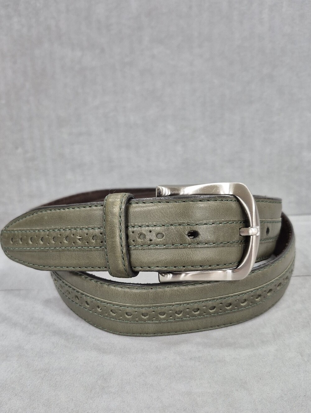 Cole Haan belt men's 36 sage green soft leather brushed silver buckle